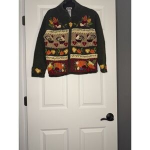 Vintage Tiara International Fall Embroidered Cardigan Sweater Green Multicolor